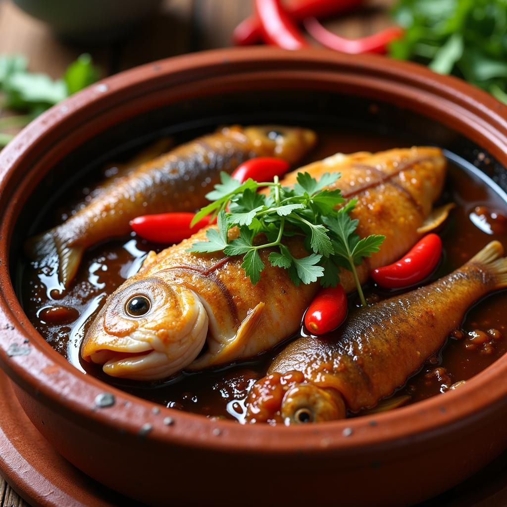 Cá kèo kho tộ simmering in a clay pot