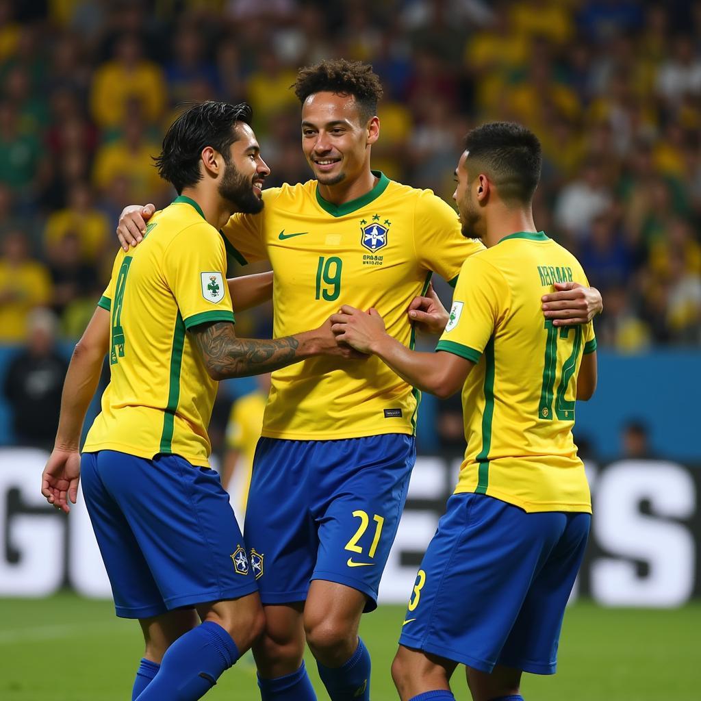 Neymar Jr. Celebrates with Teammates After Scoring from a Corner