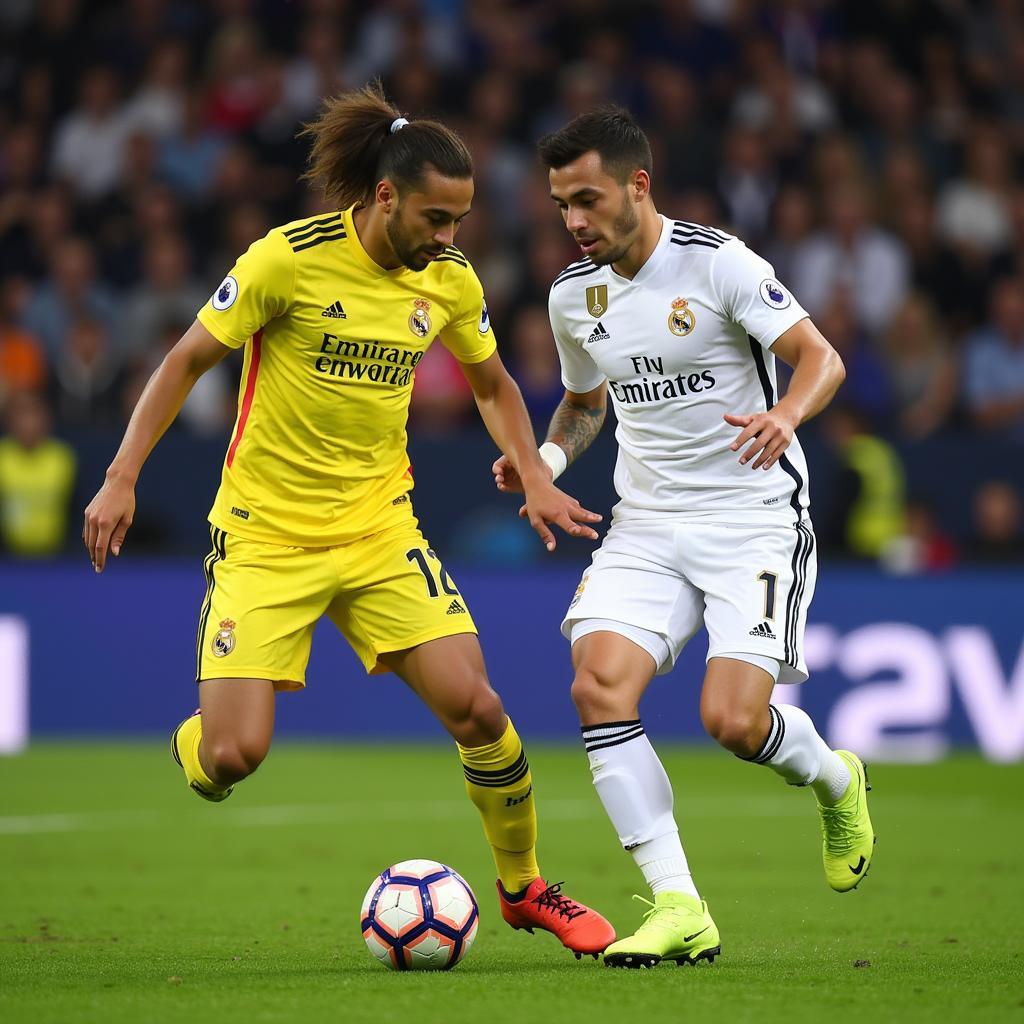 Villarreal and Real Madrid players competing for the ball.