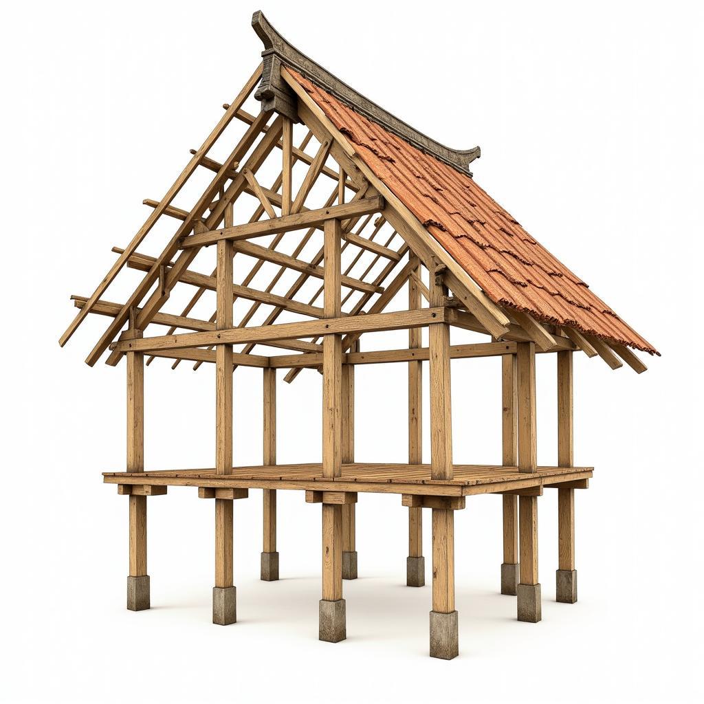 Traditional Vietnamese wooden frame system with pillars, beams, and rafters