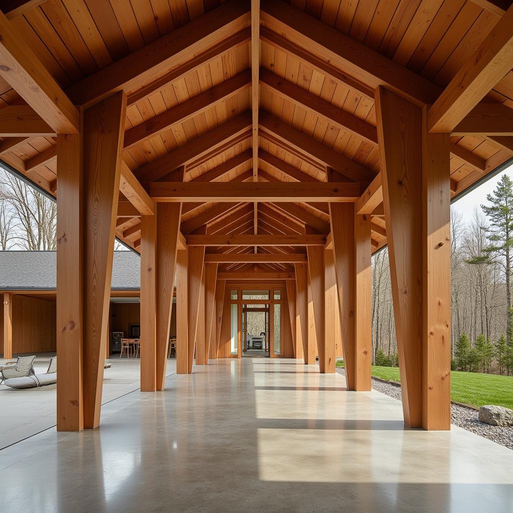 Modern architectural design incorporating wooden beams and pillars