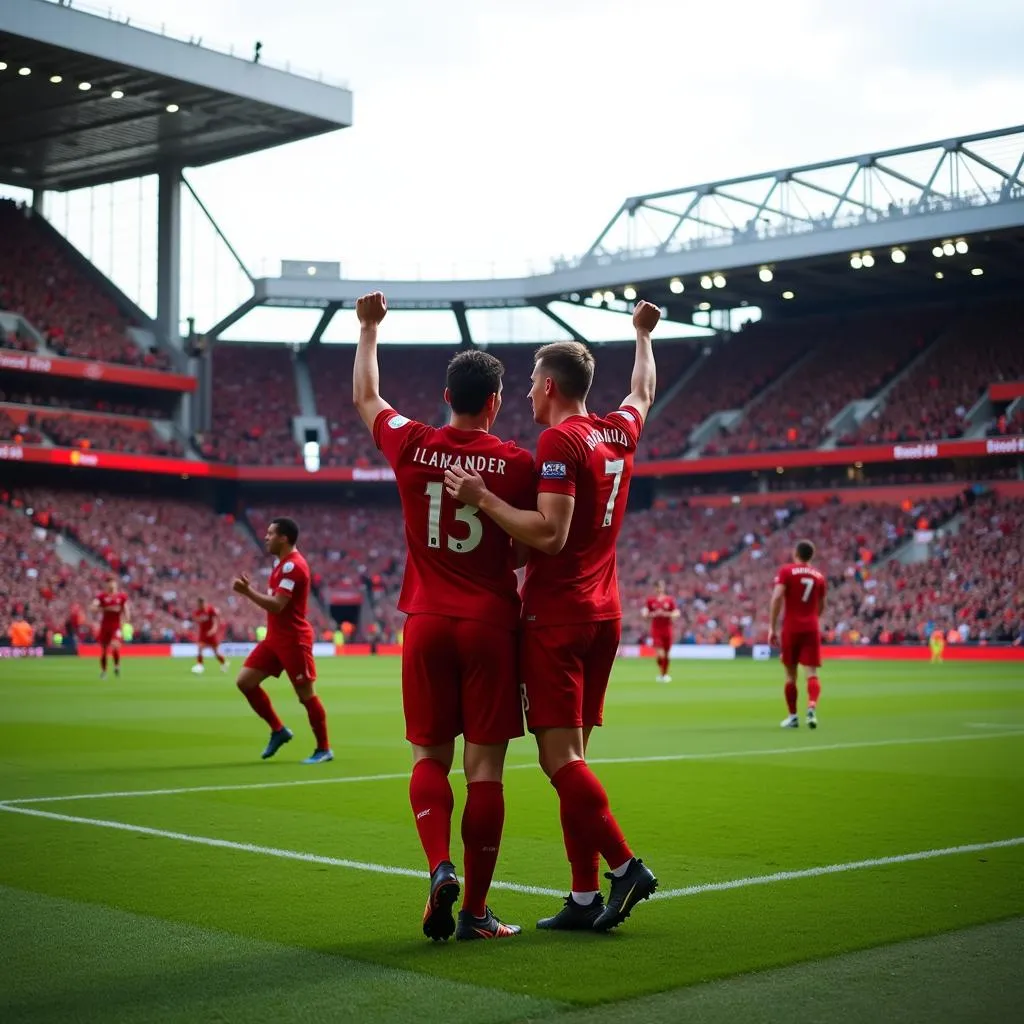 Liverpool players celebrating a goal at Anfield