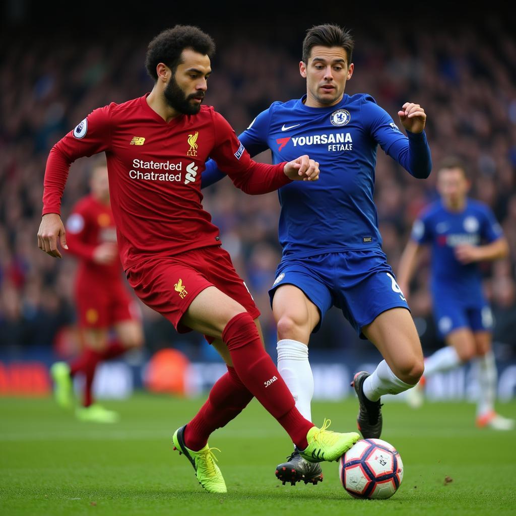 Mo Salah and Kai Havertz battling for possession