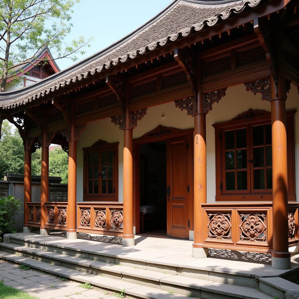 A traditional Vietnamese house with intricate wooden details and a tiled roof.