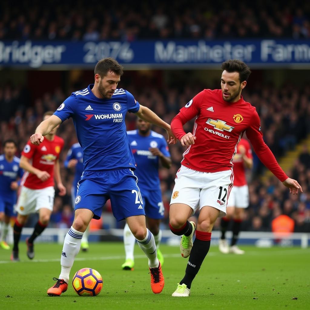 Cầu thủ hai đội Chelsea và Manchester United tranh bóng quyết liệt trên sân Stamford Bridge