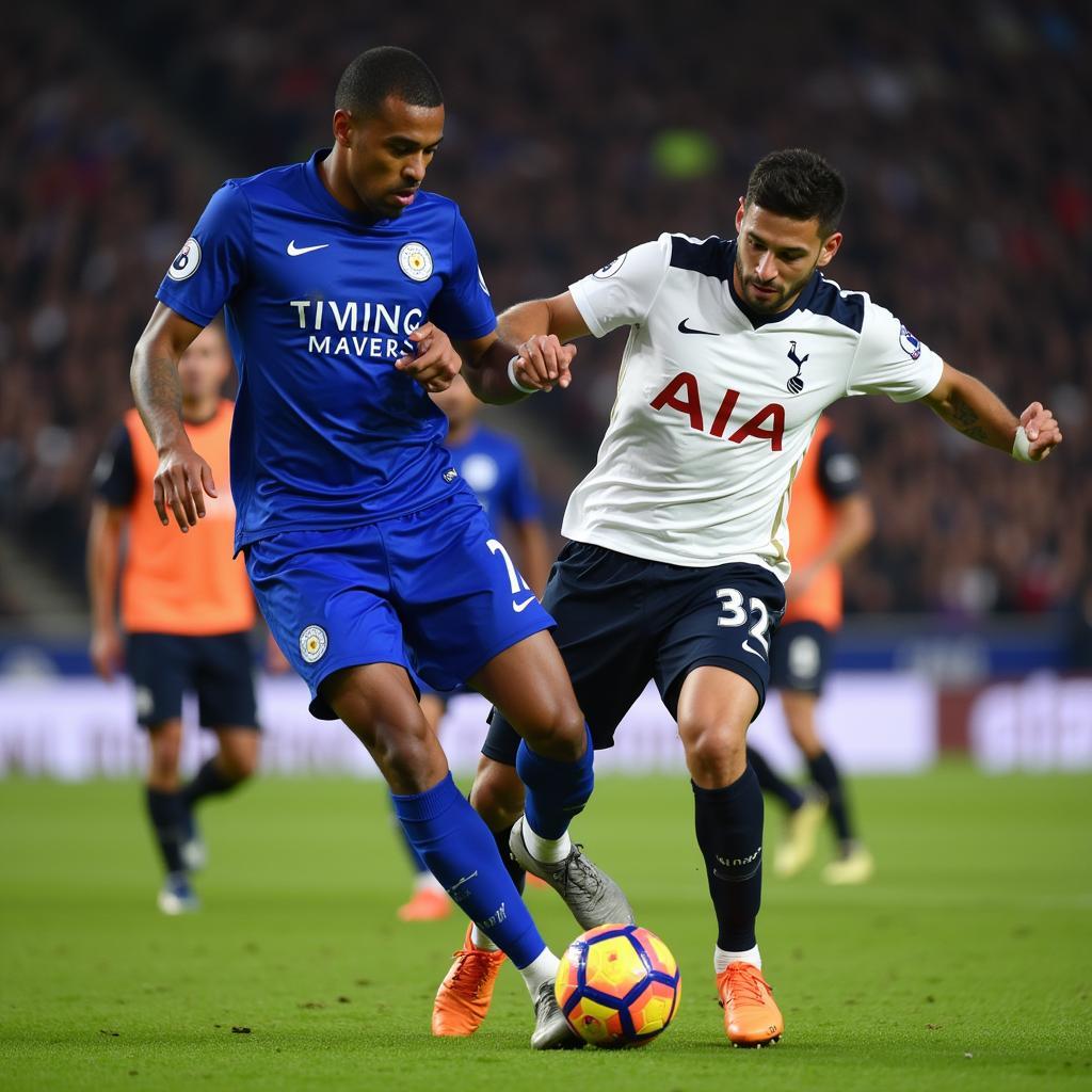 Cầu thủ Leicester và Tottenham tranh chấp bóng tại sân King Power Stadium