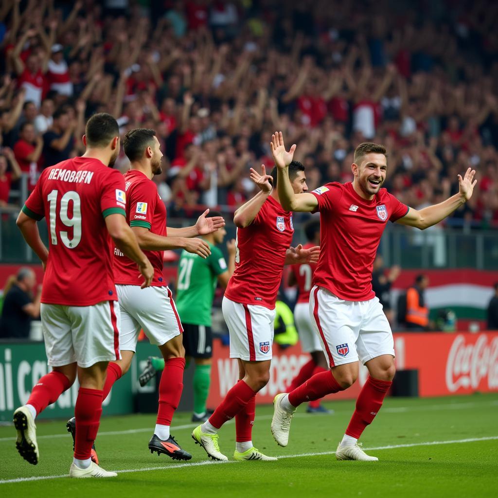 Hungary national football team celebrating a goal with passionate fans in the background