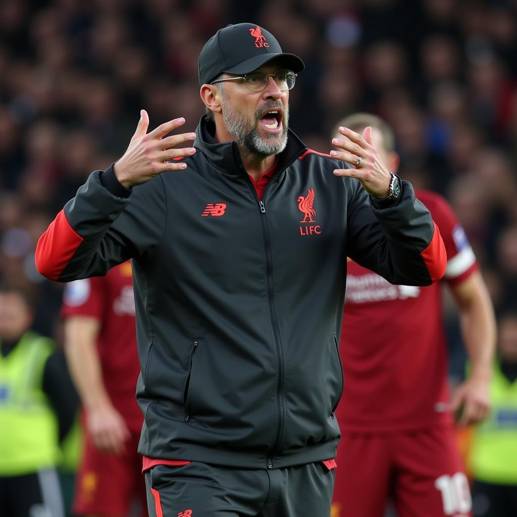 Huấn luyện viên Jurgen Klopp đưa ra chỉ đạo chiến thuật cho các cầu thủ Liverpool