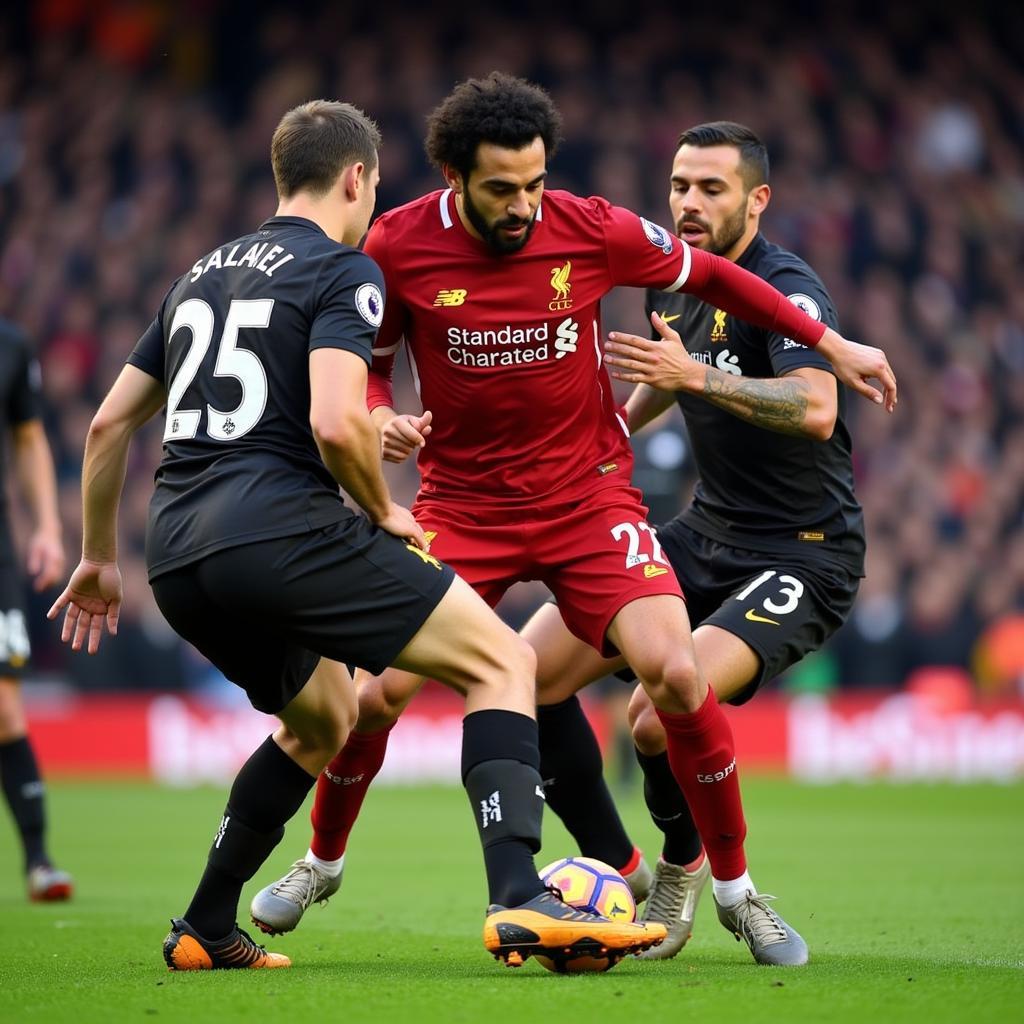 Mohamed Salah bị cầu thủ đội bạn kèm chặt trong vòng cấm