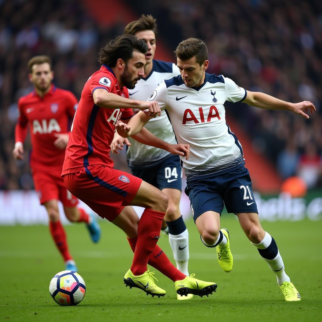 Cầu thủ Tottenham tấn công mạnh mẽ về phía khung thành Nottingham Forest.