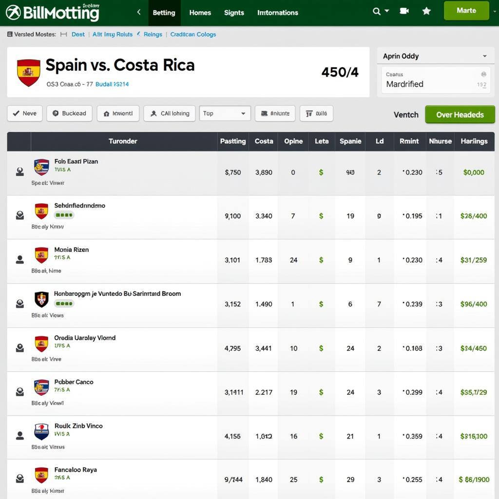 Tỷ lệ kèo Tây Ban Nha vs Costa Rica